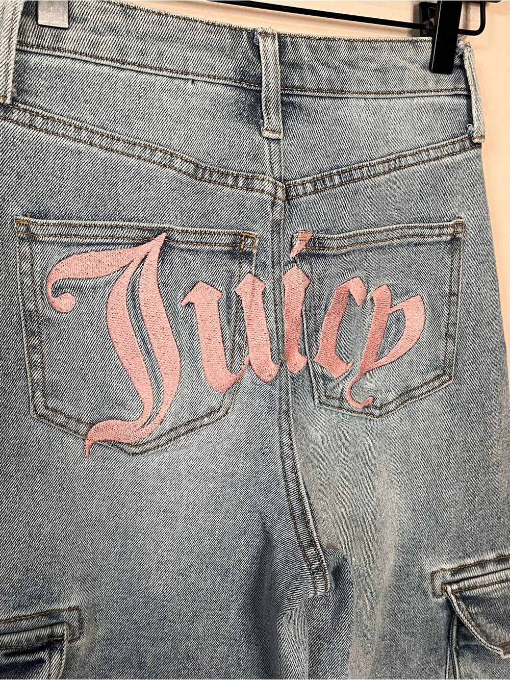 JUICY COUTURE Denim Cargo Wide Leg Jeans Pink Logo Size 0 Y2K - Picture 4 of 7